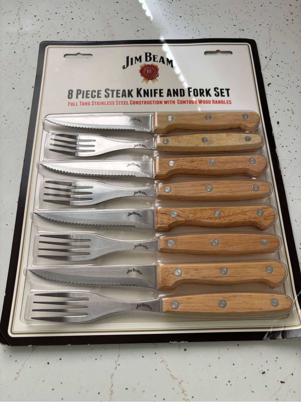 Jim Beam 8-Piece Steak Knife and Fork Set - Wood Handle, Natural Brown